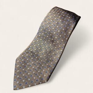 BARNEYS NEW YORK | Handmade Silk Extra Long Brown Tie‎ w/ Blue Geometric Accents